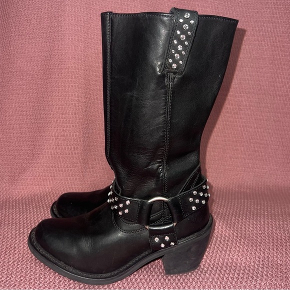 Harley Davidson Women’s Black Leather Rhinestone Studded Side Zip Heeled Boots - Picture 2 of 8
